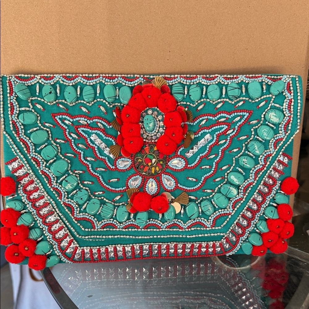 Women’s Lulus Embellished Teal and Red Beaded Clutch